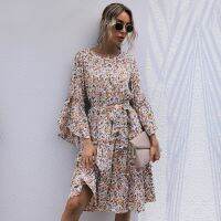 【YF】 Women Elegant Cascade Ruffled Midi Dress Autumn O Neck Commute OL Shirt Female Casual Holiday New Floral