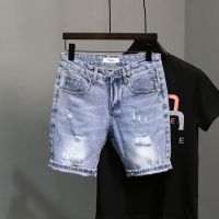 Celana Pendek Denim สั้นทรงตรงสำหรับผู้ชาย,แฟชั่นสไตล์เกาหลีลำลองขนาดพิเศษ