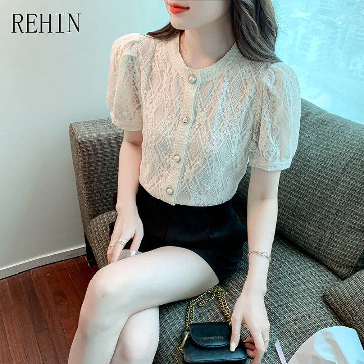 rehin-women-s-top-summer-new-textural-feel-short-sleeved-shirt-lace-hollow-blouse