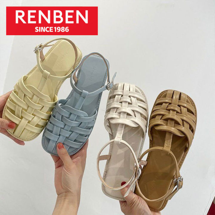 renben-รองเท้าแตะนักเรียนหญิงรองเท้าแตะ-baotou-แบบเจาะรูแบนรองเท้าผู้หญิงหลุมสไตล์ใหม่สไตล์โรม