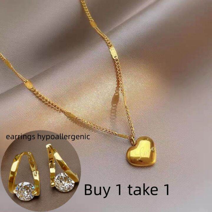 Original 24k Saudi Gold pawnable women's necklace Love heart titanium steel  clavicle chain gift niche luxury fashion jewellery