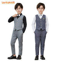 lontakids 2-14ปีเด็กเด็กธรรมดาสีเทาสีฟ้าอย่างเป็นทางการสูท3ชิ้น (เสื้อกั๊ก + กางเกง + โบว์ผูก) เด็กงานแต่งงานงานเลี้ยงวันเกิดสุภาพบุรุษเสื้อผ้าชุด