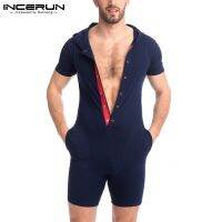 CODhuanglan212 INCERUN Men 3Colors Leisure Short Sleeves Buttons Down Hooded Short Jumpsuits