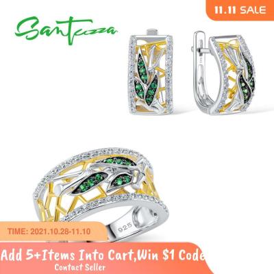SANTUZZA Jewelry Sets For Woman Green Spinels White CZ Stones Jewelry Set Earrings Ring 925 Sterling Silver Fashion Fine Jewelry