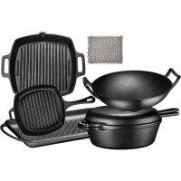 Pre Seasoned Cast Iron Kitchen Utensils Set 7 Piece Bundle Pots And Pans Set | Rectangular &amp; Square Grill Pan, Wok, Cast Iron Skillets, Frying Pan,Chainmail, Dutch Oven And Outdoor Camp