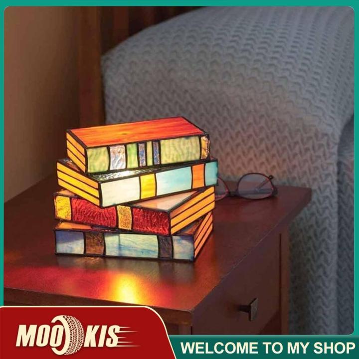 Home Decoration Stained Glass Stacked Books Lamp Desktop Lights Living Room