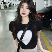 Zhu Xia เสื้อยืด2023แขนสั้น,ใหม่เสื้อยืดพิมพ์ลายเสื้อยืดคอกลมสลิมแบบสั้นท้องกระดุมเปลือยเลกกิ้งน่ารัก