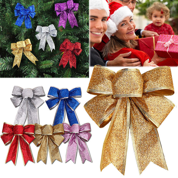 1pcs-24cm-christmas-bow-ตกแต่งเครื่องประดับคริสต์มาส-glitter-powder-bow-christmas-tree-จี้ของขวัญ2022