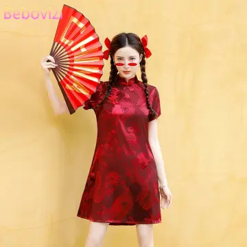 M-4XL Plus Size Red National Tide Girl Printed Cheongsam 2022 Summer New  Improved Chinese Style Women Qipao Dress