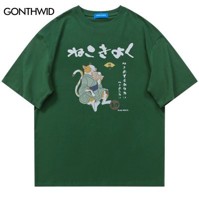 ผู้ชายเสื้อยืด Streetwear ญี่ปุ่นการ์ตูนแมวพิมพ์เสื้อยืดแฟชั่น Harajuku Casual หลวมเสื้อ2023ฤดูร้อนผ้าฝ้าย