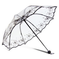 Transparent Umbrella Women Rain Three-fold Thick Paraguas Plastic Clear Lace Parasol 2016 New Fashion 8 Ribs Girls Umbrella