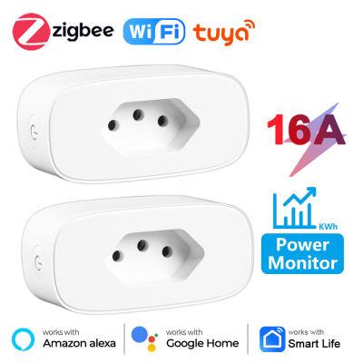 Tuya 16A บราซิล Zigbeewifi ปลั๊กสมาร์ทที่มีการตรวจสอบพลังงานสมาร์ทชีวิต APP การควบคุมระยะไกล O Utlet ซ็อกเก็ตสำหรับ Home Alexa