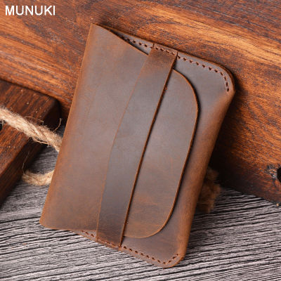 MUNUKI Retro Crazy Horse ของแท้หนังผู้ชายผู้ถือบัตร Handmade First Layer Cowhide หนังเหรียญกระเป๋าสตางค์ Minimalist กระเป๋าสตางค์หรูหราสีน้ำตาลกาแฟสีดำ MC911