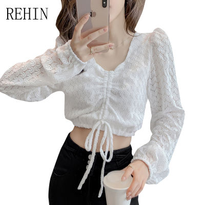 REHIN เสื้อลูกไม้แขนพองคอวีสไตล์ฝรั่งเศสสำหรับผู้หญิง,เสื้อเชิ้ตแขนยาวดีไซน์สวยหวาน