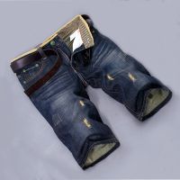 HOT11★ฤดูร้อนกางเกงยีนส์แต่งลายขาดๆกางเกงขาสั้นตรง Celana Pendek Denim ชายแฟชั่นทำงานสบายๆกางเกงขาสั้น Celana Pendek Denim Mens เสื้อผ้าไม่มีเข็มขัด