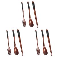 3X Wooden Flatware Set, Wooden Portable Set Chopsticks Spoon Fork Tableware Dinnerware with Black Twining Thread