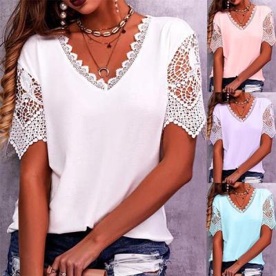 【JH】 2023 European and foreign trade cross-border womens t-shirt hot product lace stitching loose V-neck short-sleeved T-shirt