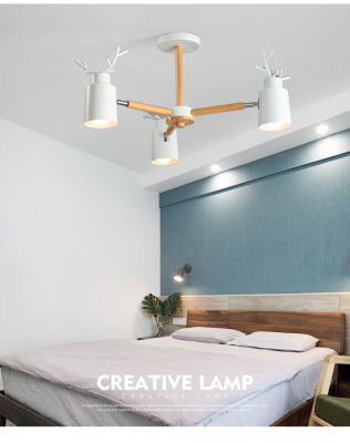 Nordic log living room bedroom chandelier E27 led metal lampshade creative personality kitchen&amp;restaurant warm antler chandelier