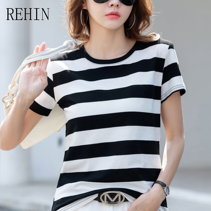 rehin-เสื้อยืดคอกลมแขนลำลองขาสั้นสำหรับผู้หญิง-เสื้อยืดคอกลมลายทางอเนกประสงค์ทรงหลวมแฟชั่นสไตล์เกาหลีแบบใหม่ฤดูร้อน