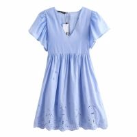 ZZOOI New 2020 women v neck pleats short sleeve mini dress ladies hollow out embroidery zipper vestido chic casual slim dresses DS3563