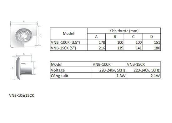 Quạt thông gió âm tường vnb 15ck có nối ống, lỗ chờ 15x15cm - ảnh sản phẩm 3