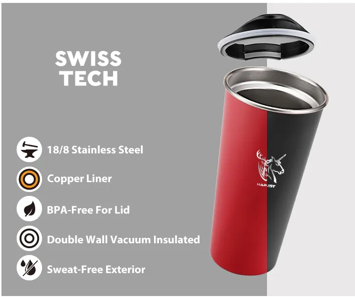 Swiss+Tech 16oz Stainless Steel Cups, 2 Pack Double Wall Pint Cup Glasses,  Insulated Tumbler with Lid, Durable Cups(Red&White)