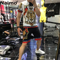 Naimo ชุดสูทสองชิ้นสำหรับผู้ชาย,ชุดเสื้อผ้าแขนสั้นสไตล์เกาหลีผ้าไอซ์ซิลค์ใหม่สำหรับฤดูร้อน