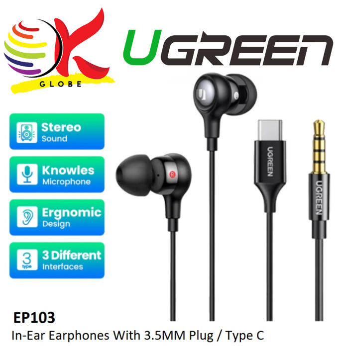 UGREEN EP103 IN-EAR EARPHONES WITH 3.5MM PLUG / TYPE C USB-C CONNECTOR ...