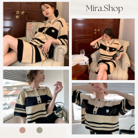 Mira_shop เสื้อครอปลายทาง และ เดรสลายทางสไตล์เกาหลี  เสื้อผ้าผญสวยๆ M70#