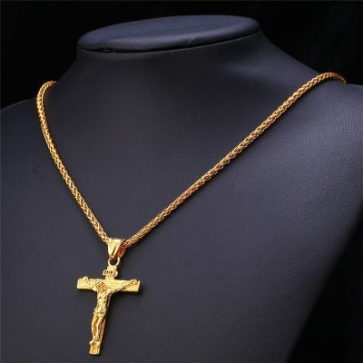 【CW】Vintage Cross INRI Crucifix Jesus Piece Pendant Necklace Gold Color Stainless Steel Men Chain Christian Jewelry Gifts