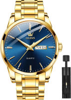 OLEVS Classic Men Watches with Date,Stainless Steel Man Watch with Date, Bussiness Watches for Men,Luminous Quartz Mens Watches Black/White/Blue/Gold, Waterproof Male Watch with Week Gold Steel Blue Dial Men Watch