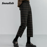 Seoulish 2021 New Autumn Winter Woolen Plaid Women Formal Straight Pants High Waist Ankle-Length Chic Loose Ladies Pants Pocket