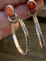 Ethnic Square Coral Stone Drop Earrings Vintage Jewelry Silver Color Metal Carving Pattern Round Dangle Earrings for Women