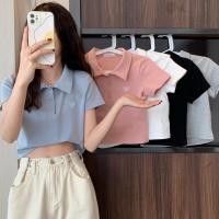 Suxi เสื้อครอปท็อปลําลอง คอปก แขนสั้น ปักลาย สีพื้น แบบเรียบง่าย สไตล์เกาหลี แฟชั่นฤดูร้อน