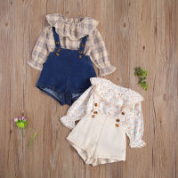 2Pcs Cute Newborn Baby Girls Casual Outfits Baby Long Sleeve Ruffle Collar Plaid Pullover Tops+Short Suspender Pants Clothes  by Hs2023