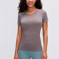 With Logo Seamless Short Sleeve T-Shirts For Women Slim Fit Yoga Workout Tops Stretch Fitness Sports Tee Gym Blouses Sportswear