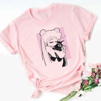 {Match maker}} FIXSYS Harajuku Ullzang สีชมพู Tshirt 90S ตลก T เสื้อ Aesthetic Cat Anime ผู้หญิงหญิงเสื้อยืด Kawaii Tops Tee