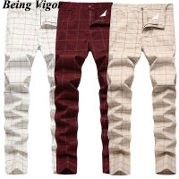 Being Vigor Street Wear High Stretchy Mens Chino Pants Plaid Slim Male Business Casual Pants Pencial Checked Trousers Ropa De Ho ซื้อทันทีเพิ่มลงในรถเข็น