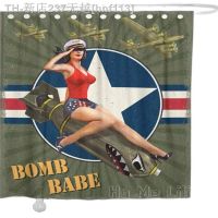 【CW】♈  Shower Curtain By Ho Lili With Pin Up War Bomber Plane Missile Set Hooks