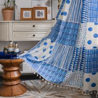 [COD] Emanqi rhyme curtain style blue geometric stitching printed finished kitchen bay window