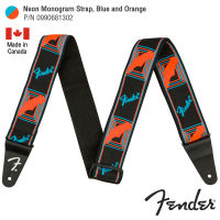 Fender® Neon Monogram Strap สายสะพายกีตาร์ สำหรับโปร่ง/ไฟฟ้า/เบส (Blue and Orange) กว้าง 2" ปรับยาวได้ 34 - 59 นิ้ว ปลายสายหนังแท้ ** Made in Canada **