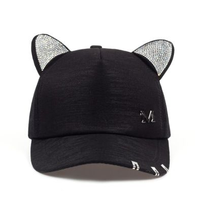 2019 New Meow Women Summer Autumn Black White Pink Hat Cat Ears Cat Baseball Cap with Rings and Lace Cute Girl Hat