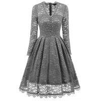 IM ผู้หญิงวินเทจคอวีชุดแฟชั่นลูกไม้สวิงขนาดใหญ่แขนยาวซิป Dress