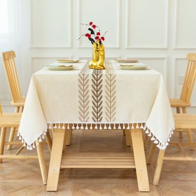 Embroidery Anglicanum Tassel Tablecloth, Cotton Linen Dust Proof Table Cover, for Kitchen Dining Room,Home Party Tabletop Decor