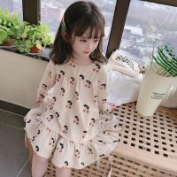 LOK03199 Beige Color Fruit Printed Dress For Kids Girls Long Sleeve Cherry Princess Dress 0-6 Years Baby Holiday Fashion