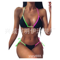 [In stock]2022 ใหม่การค้าต่างประเทศสีทึบผู้หญิงชุดว่ายน้ำแยกชิ้นบิกินี่สี bikini เย็บเชือกแขวนคอชุดว่ายน้ำ