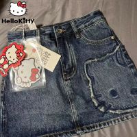 กระโปรงผ้ายีนส์ Sanrio Hello Kitty ทรงเอกระโปรงเดนิมเกาหลี Y 2K กระโปรงหนังแฟชั่นทรงเอเอวสูงใหม่ฤดูร้อน