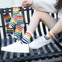 2019 new women socks 1 pair long cotton rainbow color striped printed novelty fashion lady autumn socks