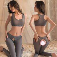 SENMHS Sexy Lingerie Vest Invisible Open Crotch Zipper Leggings Gray High Waist Yoga Pants Club Fun Women Tights Clothing Set