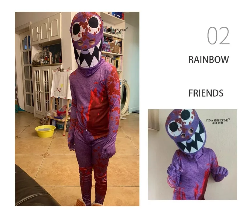 One-piece Rainbow Friends Costume For Kids Adults Blue Monster Wiki Cosplay  Horror Game Halloween Jumpsuit Party Outfit With Headgear